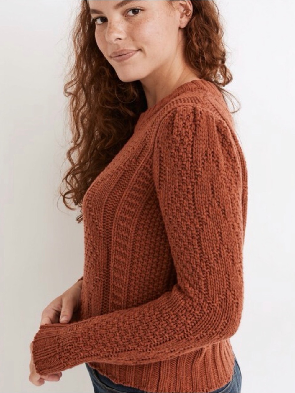 Madewell Ridgecrest Cable-Knit Crewneck Sweater in Rust Size Large - Picture 4 of 16